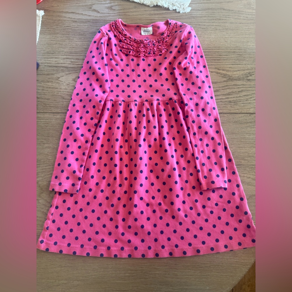 Boden Pink and Blue Polka Dot Girls Long Sleeve Dress size 11-12